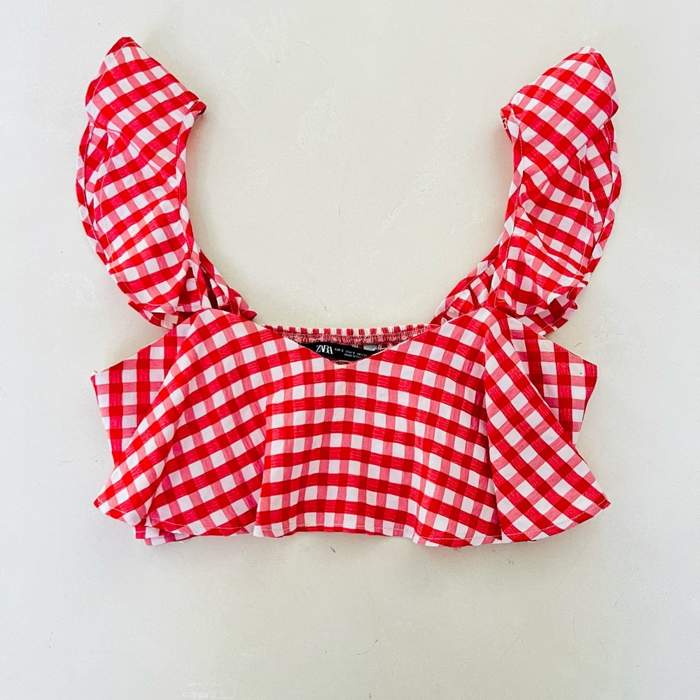 Zara Red Plaid Mini Crop Top Small